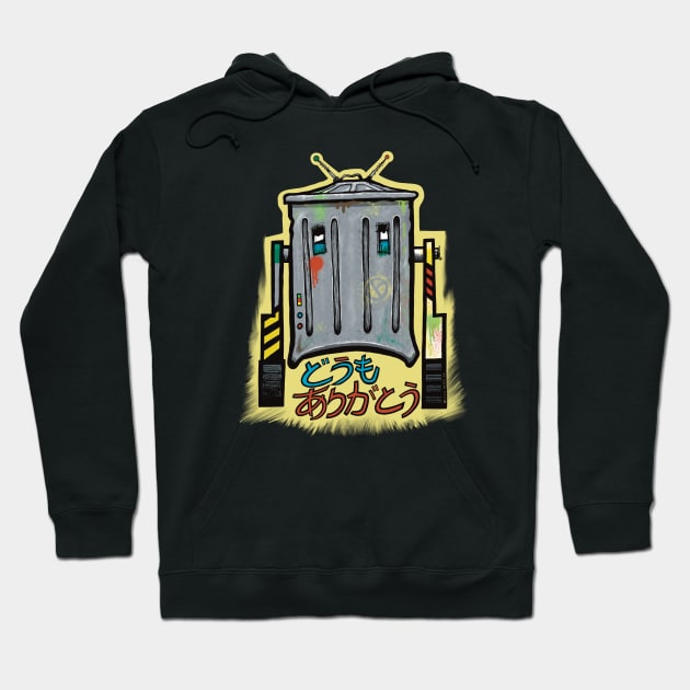 Dōmo Arigato Trash Can Robot Japanese Version Hoodie by Art from the Blue Room